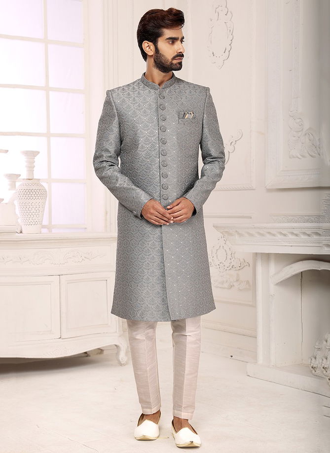 Gray Colour Party Wear Jacquard Nawabi Indo Western Collection 1105